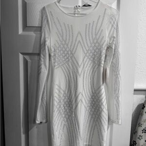 Iris Basic White Long Sleeve Dress with Silver Accents